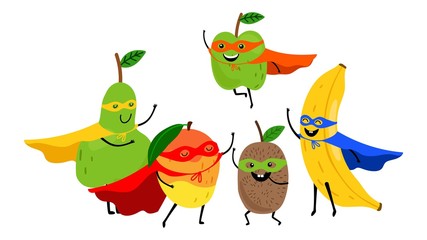 Superhero fruits team. Cute cartoon fruit superheroes isolated on white background