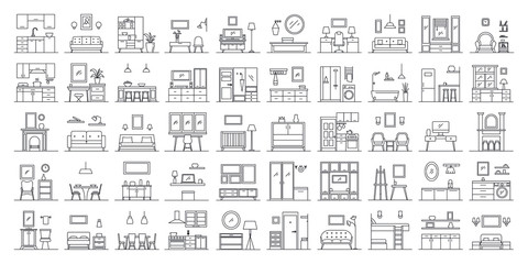 Set of 50 interior design in outline style