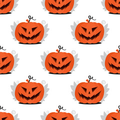 Seamless pattern Jack pumpkin head with scary halloween face with leaves. Flat illustration for the holiday All Saints Day for paper, fabric decoration or invitation design.