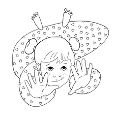 Little girl, in a dress with hearts, shows hands, hand-drawing, cartoon character, linear vector image