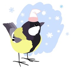 Tit in Santa's Christmas hat, cartoon character, on a background of snowfall, openwork snowflakes on a background, greeting card, vector illustration
