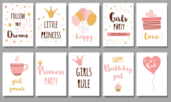 Little princess posters set Girls party Invitation crown Birthday Text Phrases Quote Pink girl collection quote Vector