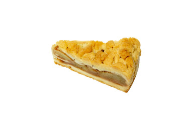 Apple crumble, cut into triangles on isolated white background.