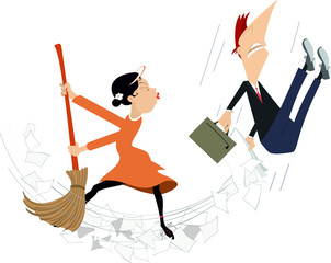 Cartoon woman tidying up the office with the man illustration. Cartoon woman sweeps papers and the man using a big broom isolated on white