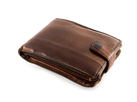 An old, worn and scratched wallet. Brown wallet on white background