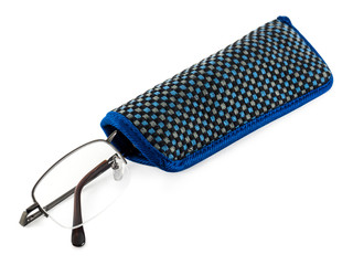 Black metal glasses in a blue rag case. Glasses on white background