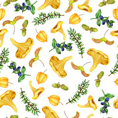 Obraz premium Seamless pattern with chanterelle, acorn, blueberry, maple seeds and pine tree branches on white background. Hand drawn watercolor illustration.