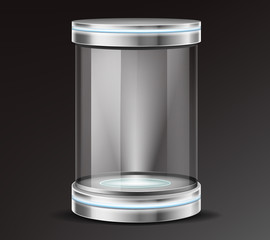 Empty glass cylinder capsule, transparent round showcase with neon illumination in metal base, lid. Safety container, product presentation podium, exhibit or museum display box 3d realistic vector