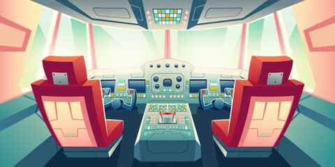 Passenger or cargo airliner cabin, business jet cockpit with captain and second pilot seats, flashing buttons, screens on control panel cartoon vector illustration. Air transport industry background - obrazy, fototapety, plakaty
