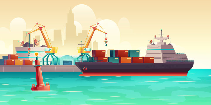 Cargo ship loading in city port. Cranes on dockside, pier unloading shipping containers from freight vessel to shore. Goods transportation, delivery with maritime transport cartoon vector background