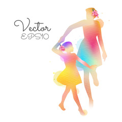 Happy mom and girl dancing silhouette on watercolor background. Mother and daughter. Happy mother's day. Digital art painting. Vector illustration