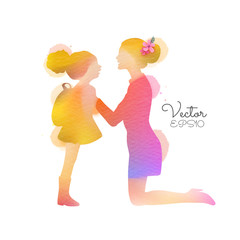 Mother saying goodbye to daughter as she leaves for school silhouette plus abstract watercolor painting. Parenting concept. Double exposure illustration. Vector illustration. Digital art painting.