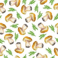 Fototapeta na wymiar Seamless pattern with wild forest mushrooms and green leaves on white background. Hand drawn watercolor illustration.