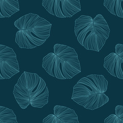 Fototapeta na wymiar Tropical pattern, botanical leaf seamless pattern on black background.