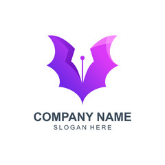Bat with Pen Logo Design Vector Illustration