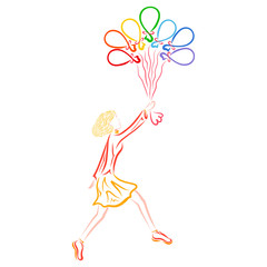 girl with seven balloons, rainbow colors, wonderful flight