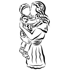 Young mother kisses her baby, black outline