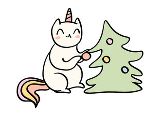Cute hand drawn vector doodle of a cat unicorn decorating Christmas tree. Comics style art, t shirt print.