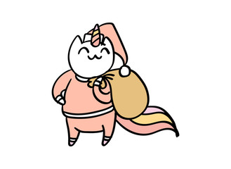 Cute hand drawn vector doodle of a cat unicorn dressed as Santa. Comics style art, t shirt print.