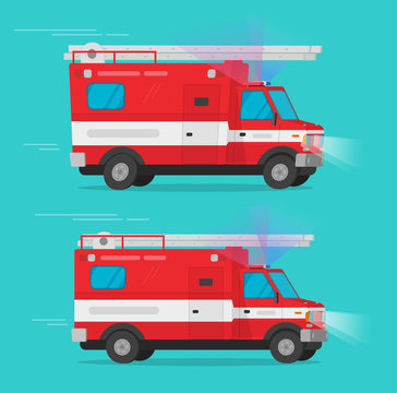 Fire rescue vehicles or fire engine truck van vector illustration, flat cartoon emergency department car or automobile with siren flasher light moving fast isolated clipart
