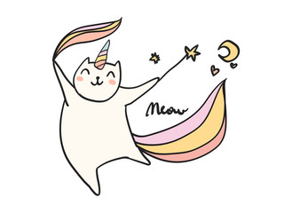 Cute hand drawn vector doodle of a cat unicorn with magic wand. Comics style art, t shirt print.