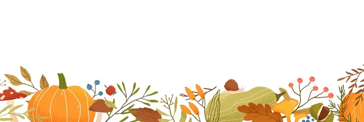 Fotobehang Fall flat vector background. Autumn decorative horizontal illustration with pumpkins and place for text. Dried leaves drawing isolated on white. Fall season backdrop with forest foliage and berries. © Good Studio