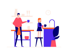 Father and daughter washing dishes flat vector illustration