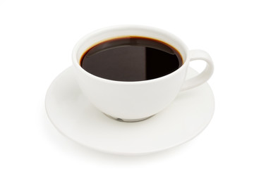 Black coffee in a white cup on plate top view isolated on white background. With clipping path