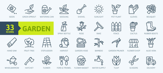 Flower and Gardening elements - minimal thin line web icon set. Outline icons collection. Simple vector illustration. - obrazy, fototapety, plakaty