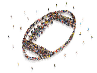  People that enjoy sports and love football. Large group of people walking to and forming the shape of a football. isolated on a white background. 3d rendering