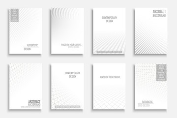 Collection of vector abstract contemporary geometric templates, covers, placards, brochures, banners, flyers, backgrounds. White futuristic creative 3d design with grid and striped vision perspective