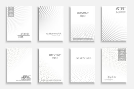 Collection of vector abstract contemporary geometric templates, covers, placards, brochures, banners, flyers, backgrounds. White futuristic creative 3d design with grid and striped vision perspective
