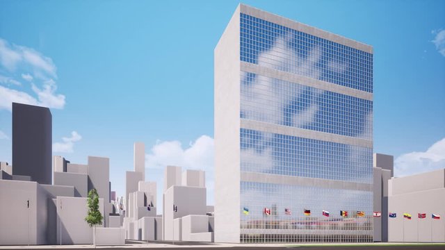 UN headquarters in New York seamless footage. United Nations, international government office looped animation. Manhattan landmark. General assembly building with member countries flags video