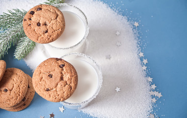 Glasses of milk, cookies, christmas tree branch on the blue background