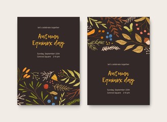 Autumn Equinox Day invitation poster flat vector templates. Japanese holiday botanical banner layouts. Leaves and branches with place for text. Fall season September event background designs.