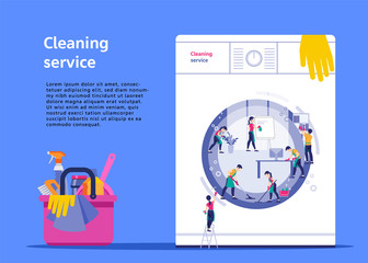 Poster in the form of washing machine. Team of cleaning service working at office and house. Vector illustration