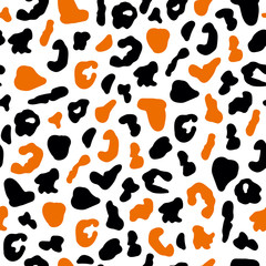 Fototapeta na wymiar Seamless pattern with black jaguar leopard animal skin print texture fur on white background. Safari fauna vector illustration in flat style for textile fabric