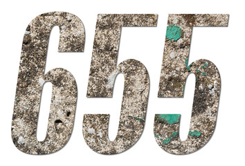 Number 655 with old concrete wall on white background 