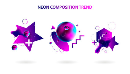 Set modern geometric space lines retro neon volume abstract set violet banner trend art hipster style white background