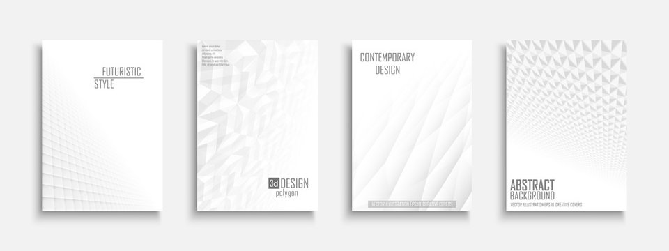 Collection of vector abstract contemporary templates, covers, placards, brochures, banners, flyers, backgrounds. White futuristic 3d design with creative geometric shapes and vision perspective
