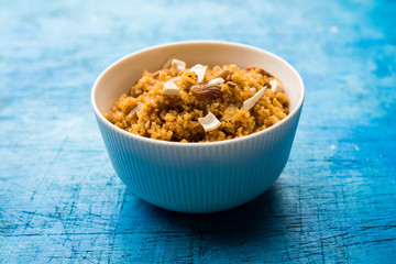 Wheat Laapsi/Lapsi/Shira/Halwa is an Indian sweet dish made of broken wheat or Daliya pieces and...