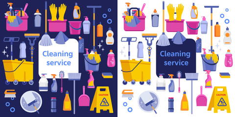 Cleaning service flat illustration. Poster template for house cleaning services with various cleaning tools. Caution wet floor sign, bucket, mop, sponge, brush, detergent product. Vector illustration