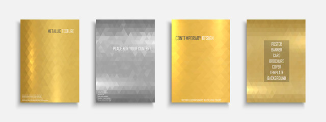 Collection of bright vector colorful metallic covers, posters, brochures, banners, flyers, cards backgrounds and etc. Shiny vibrant iron templates with mosaic polygons for your design and ideas