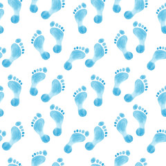 Blue baby boy footprint, watercolor hand drawn seamless pattern isolated on white color