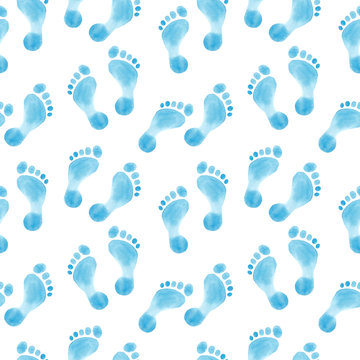 Blue Baby Boy Footprint, Watercolor Hand Drawn Seamless Pattern Isolated On White Color