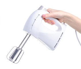 Electric mixer blender in hand on white background isolation