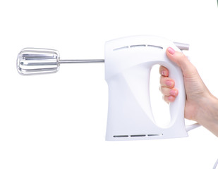 Electric mixer blender in hand on white background isolation