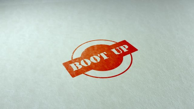 Boot up word stamping text wooden retro stamp animation. red ink on clean white paper