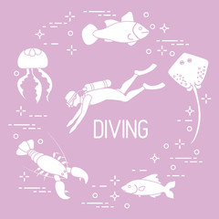 Diver, jellyfish, lobster, stingray, fish.