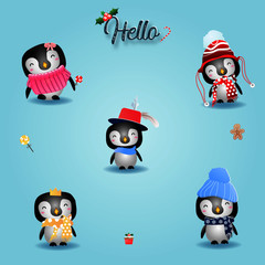 Collection of cute Christmas penguins kids. Vector illustration